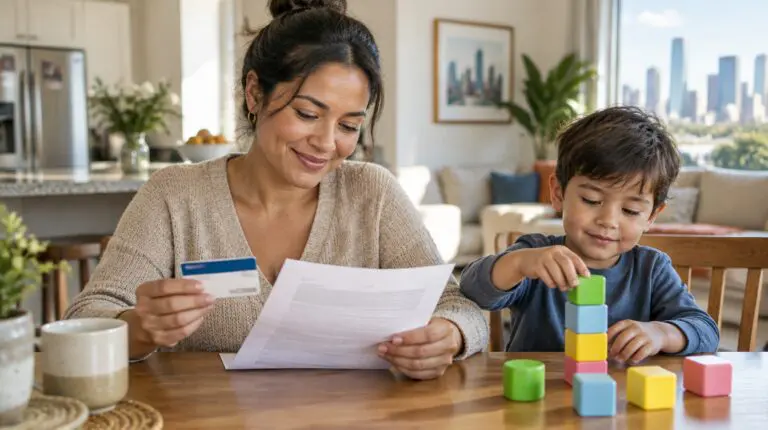 A mother at her kitchen table holding an insurance card while her young son plays with colorful stacking blocks