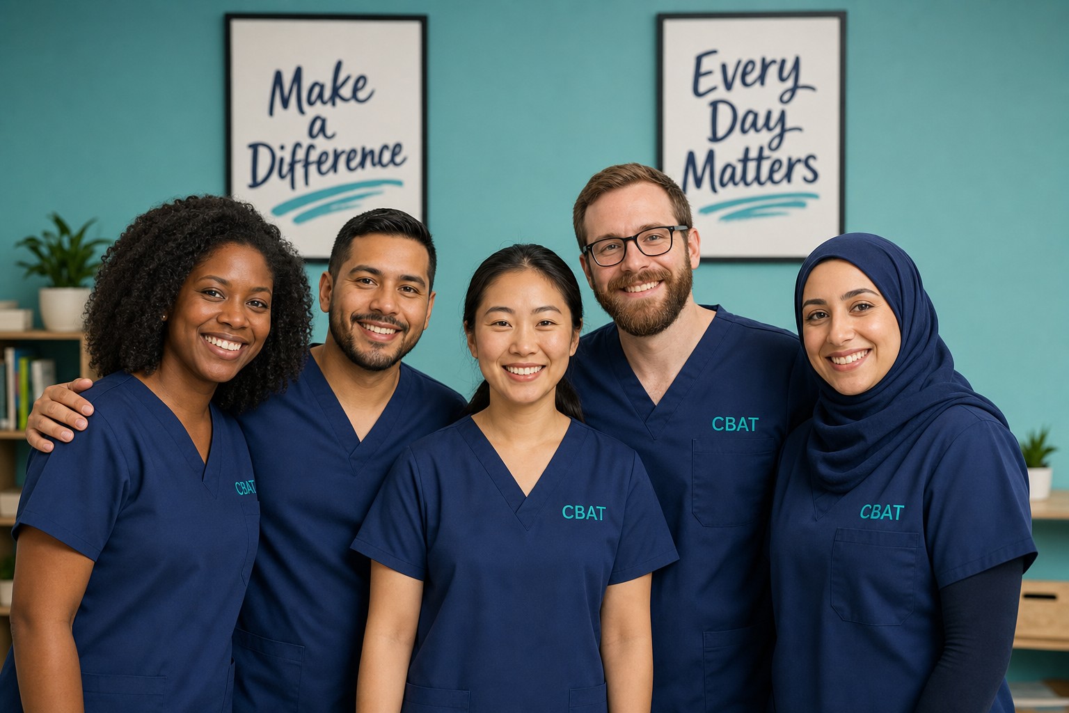 Diverse CBAT team of therapists wearing branded scrubs, smiling together at the clinic