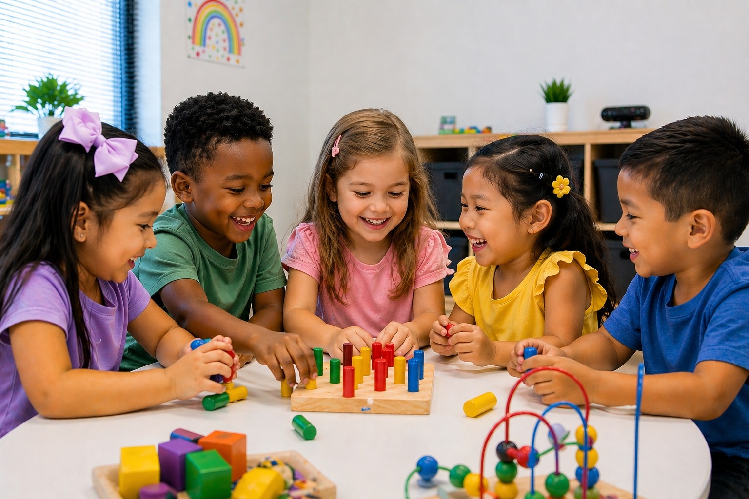 Diverse group of children learning together at a table during CBAT social skills group therapy in Houston