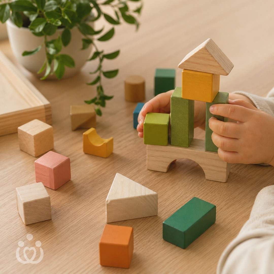 Child engaged in play-based learning with colorful building blocks during ABA therapy at CBAT Houston