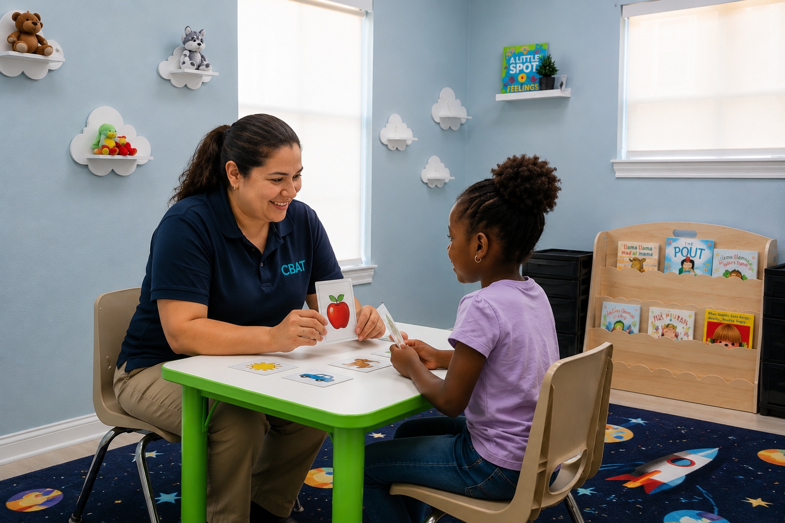CBAT therapist working one-on-one with a child during an ABA therapy session at our Houston center